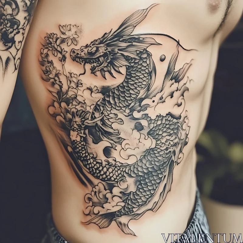 Detailed Dragon Tattoo with Clouds and Flowers AI Image