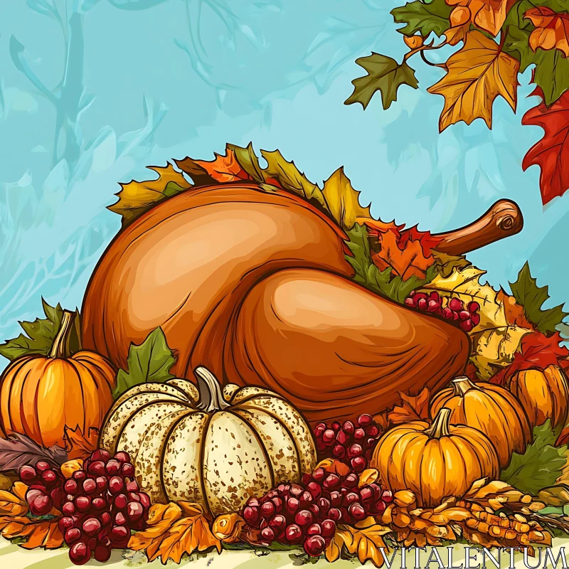 AI ART Autumn Harvest Celebration with Turkey and Pumpkins