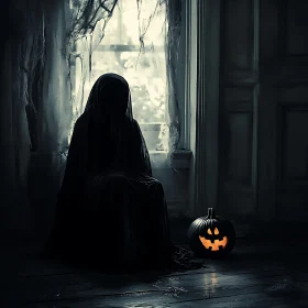 Mysterious Figure and Glowing Pumpkin