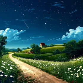 Starry Night Path to Rural Houses