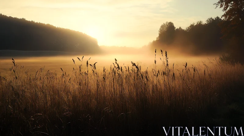 Ethereal Sunrise in Foggy Field AI Image