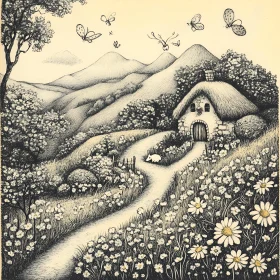 Whimsical Cottage and Butterfly Scene