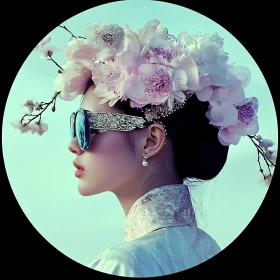 Woman in Floral Crown and Futuristic Glasses