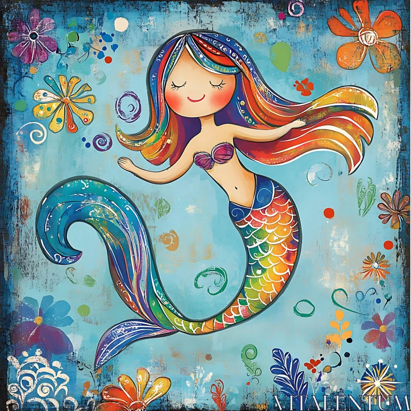 Joyful Rainbow-Haired Mermaid Art AI Image