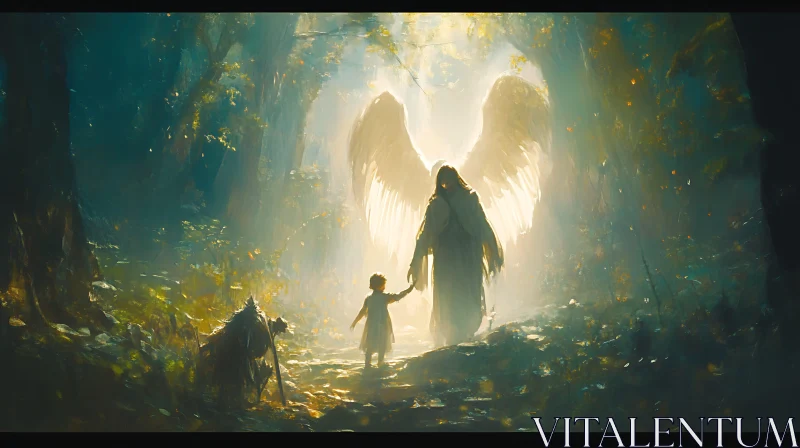 Guardian Angel in Forest with Child AI Image