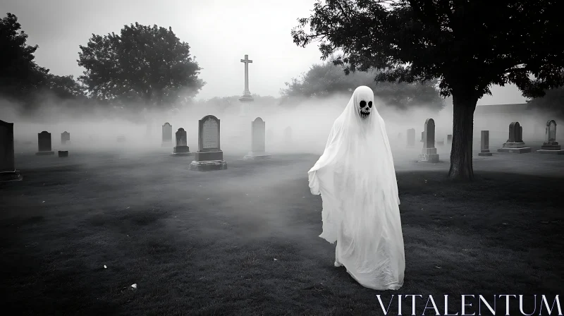 Spectral Figure in a Misty Graveyard AI Image