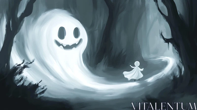 AI ART Child and Ghost in Dark Forest