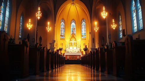 Interior of Church with Altar and Pews