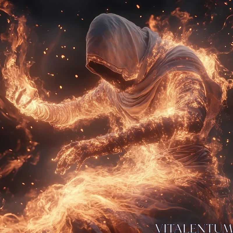 AI ART Cloaked Figure Ablaze with Fire