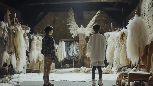 Children and Angel Sculpture in Attic