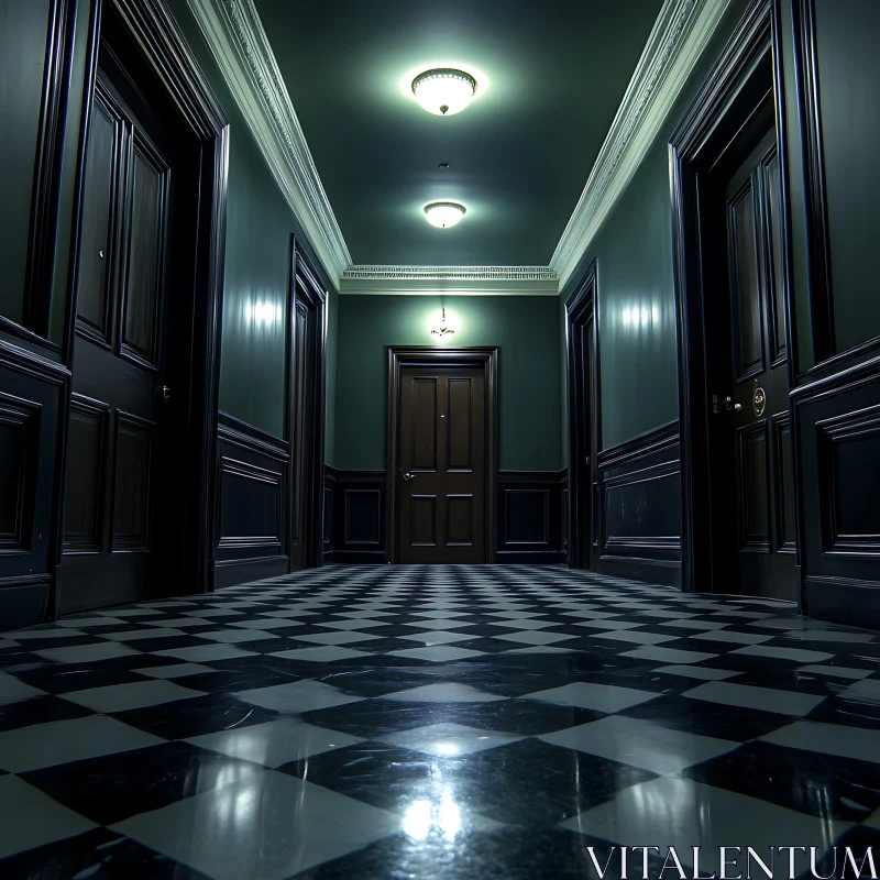 AI ART Dark Hallway with Checkered Floor