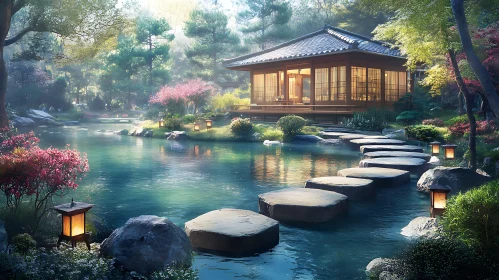 Japanese Garden with Pond and Lanterns