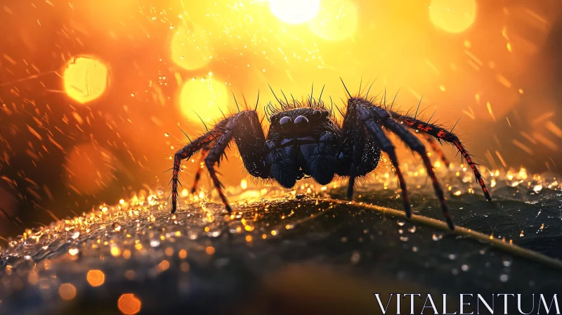 Intricate Macro Shot of a Backlit Spider in Dew AI Image