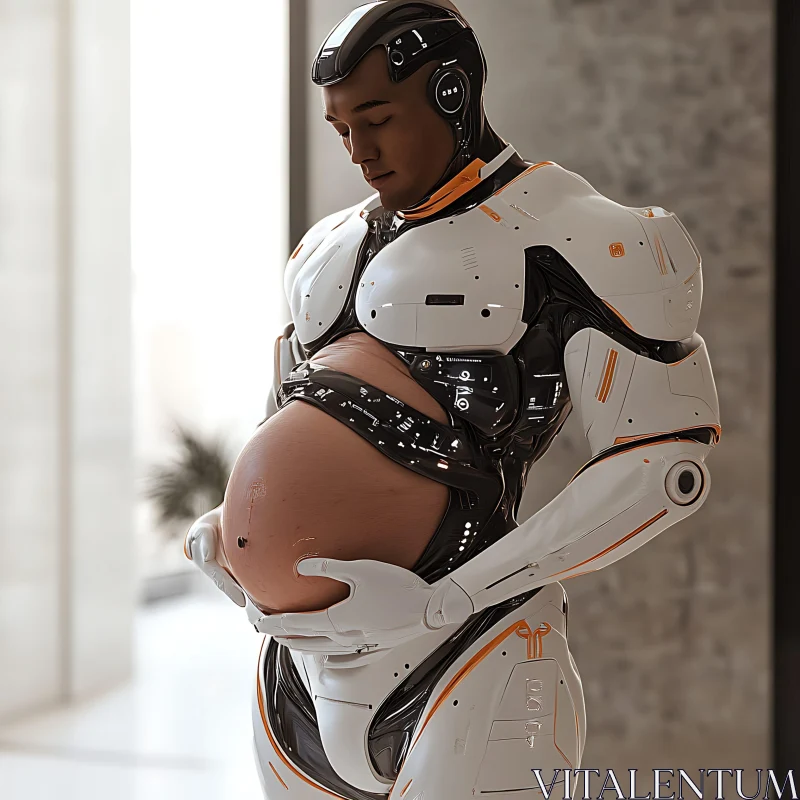 Human-like Cyborg Holding Pregnant Belly AI Image