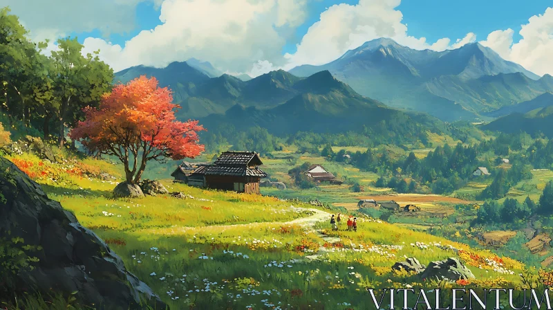 Idyllic Mountain Village View AI Image