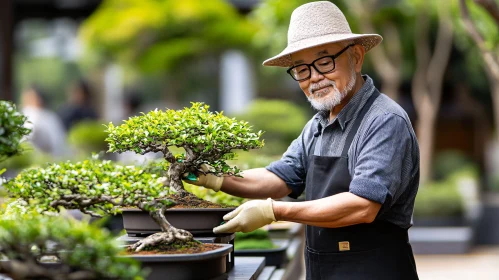 Gardener Cultivating Bonsai with Precision