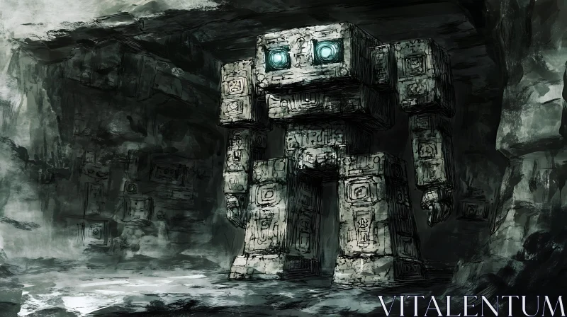 AI ART Ancient Stone Robot in Cave