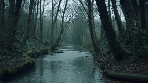 Serene Forest River with Bare Trees and Mist