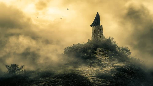 Cloaked Figure on Misty Tower