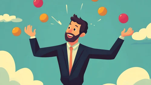 Cartoon Man Juggling in the Sky