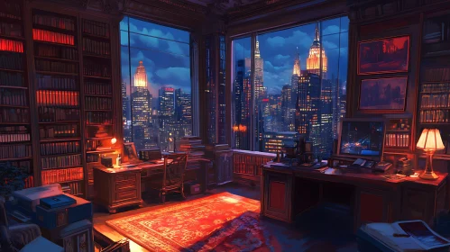 Cozy Library Overlooking City Lights