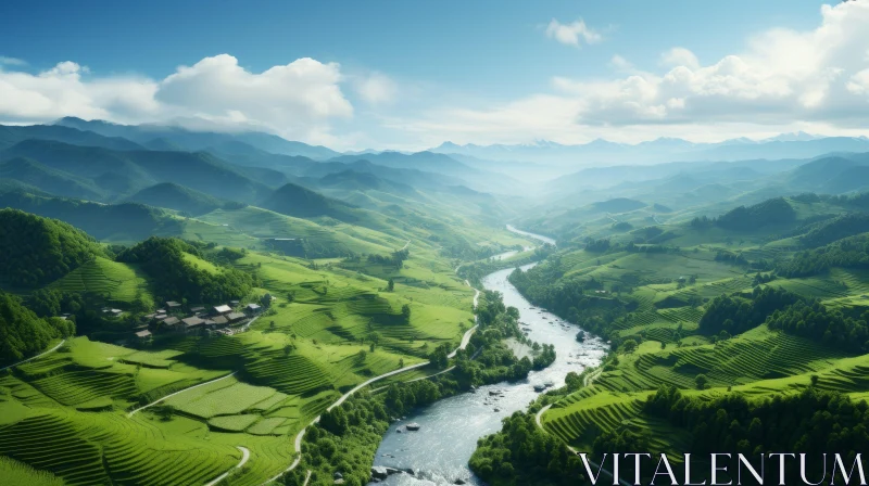 Aerial View of Green Fields and River in Phu Thi Valley, Vietnam AI Image