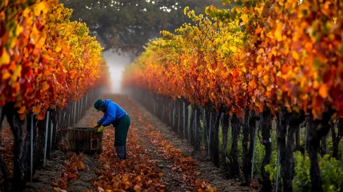 Vineyard Worker Among Fall Colored Vines