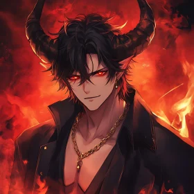 Horned Anime Character in Flames