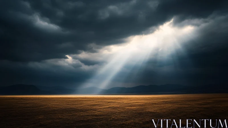 AI ART Golden Sunlight Piercing Through Moody Skies Over a Field