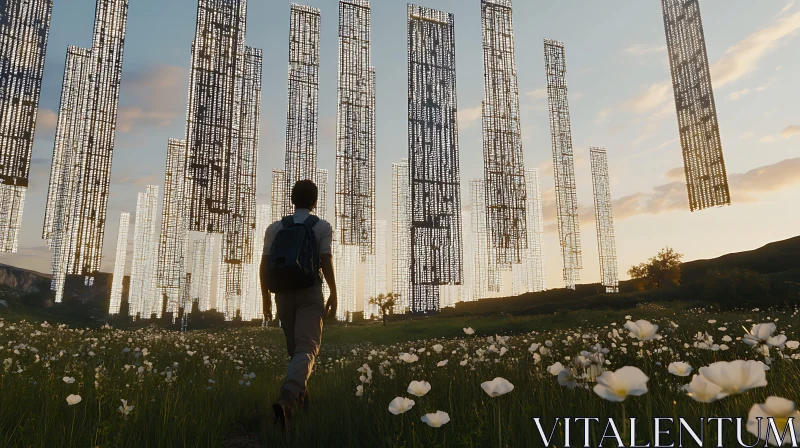 Man Walking Towards Floating Buildings AI Image