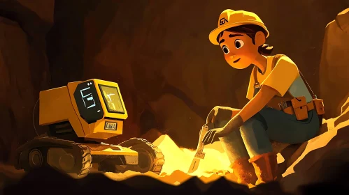 Cartoon Mining Scene with Robot