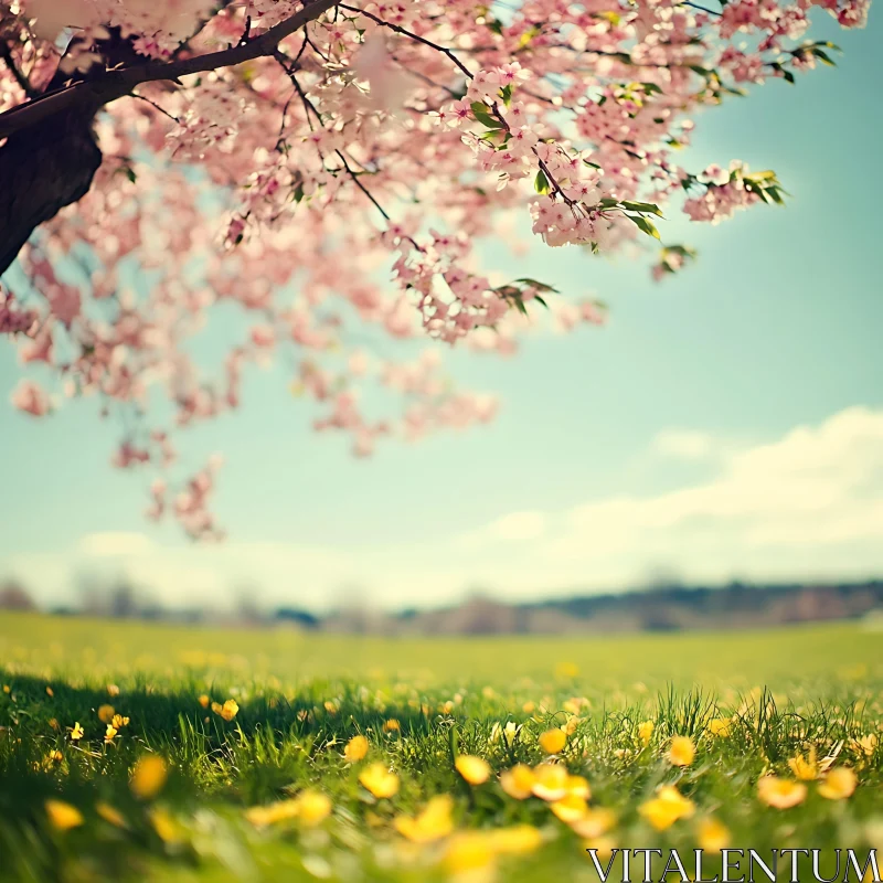 AI ART Spring Meadow with Flowering Tree and Yellow Flowers