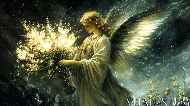 Celestial Angel Holding Luminous Flowers AI Image