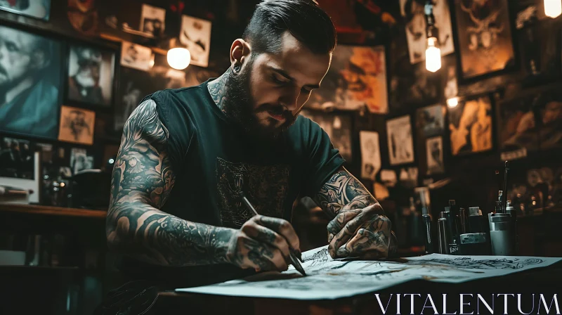 Focused Tattoo Artist Drawing in Dimly Lit Studio AI Image