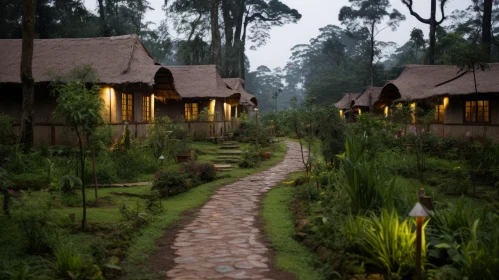 Mysterious Path Through the Night: Rustic Jungle Chalets in Ethereal Ambiance