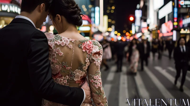 Romantic Couple in a Vibrant Night Street Scene AI Image