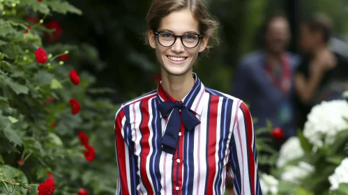 Smiling Woman with Short Brown Hair and Eyeglasses in Striped Shirt