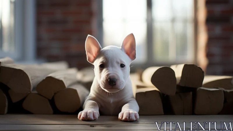 White Bull Terrier on Wooden Floor - A Study in Contrasts AI Image