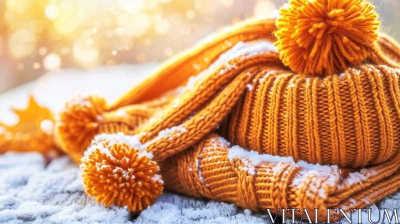 Winter Wonderland: Knitted Hat and Scarf on Wooden Surface AI Image
