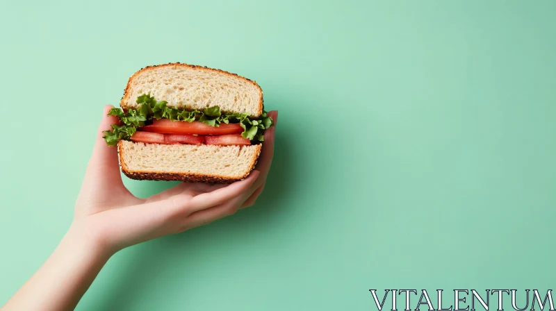 Hand Holding a Simple Lettuce and Tomato Sandwich AI Image