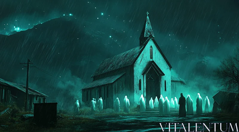 AI ART Silent Specters: A Rainy Night at the Church