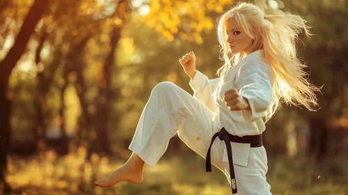 Woman Practicing Karate in Nature