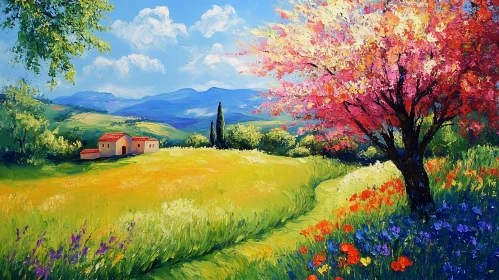 Floral Meadow and Farmhouse Landscape Art
