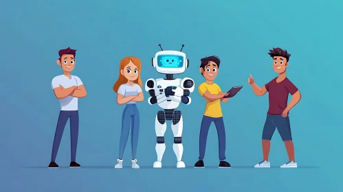 Cartoon Team with Robot