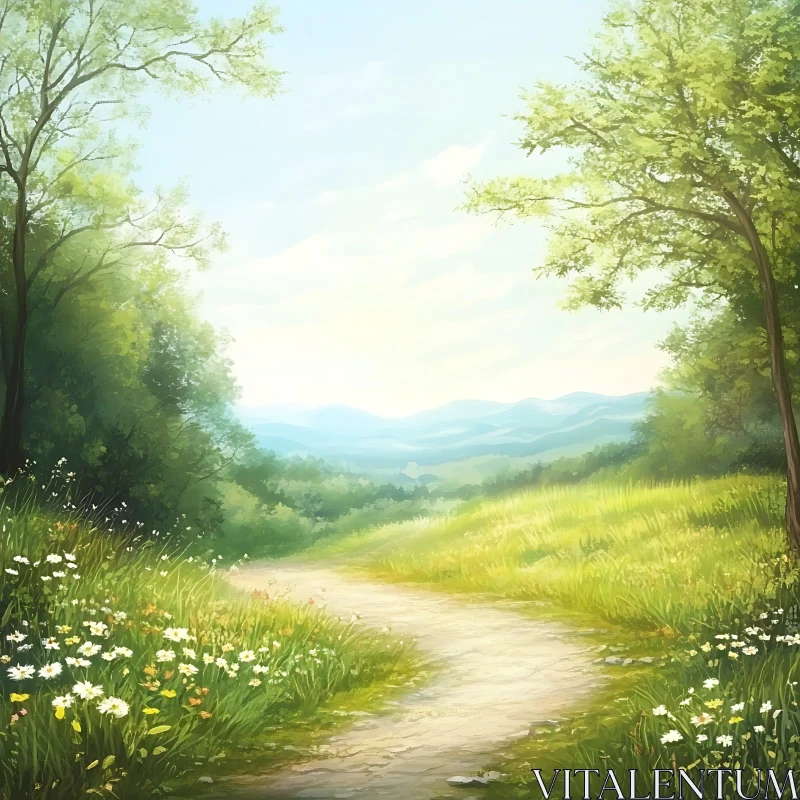 AI ART Sunlit Path Through Green Meadow