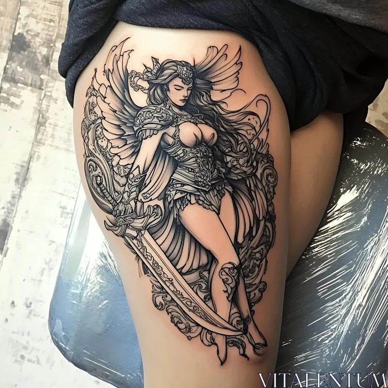 Intricate Female Warrior Tattoo Design for Thigh AI Image