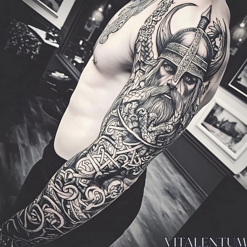 Detailed Black Ink Viking Arm Tattoo AI Image