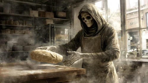 Skeleton Kneading Dough in Old Bakery