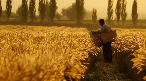 Farmer Harvesting Wheat in Golden Field