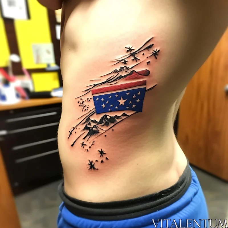 Vivid Side Body Tattoo with Mountains and Stars AI Image